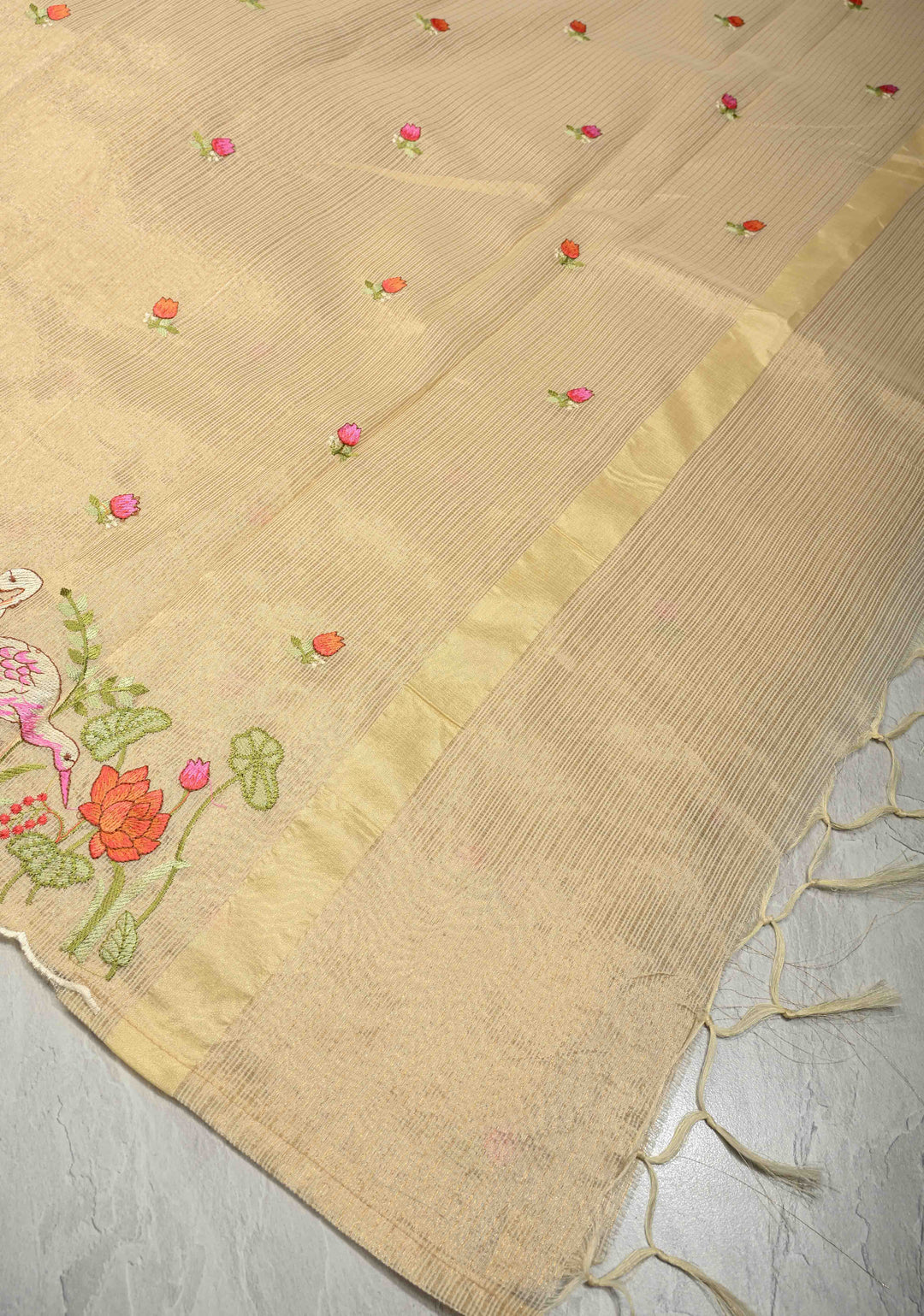 Cream Meenakari Embroidery on Kota Doria Tissue Cotton Saree with Scallop Border