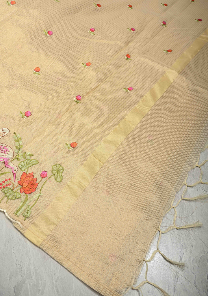 Cream Meenakari Embroidery on Kota Doria Tissue Cotton Saree with Scallop Border