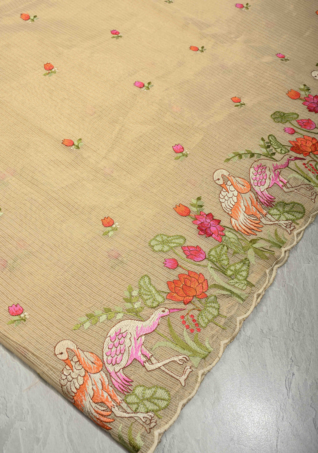 Cream Meenakari Embroidery on Kota Doria Tissue Cotton Saree with Scallop Border