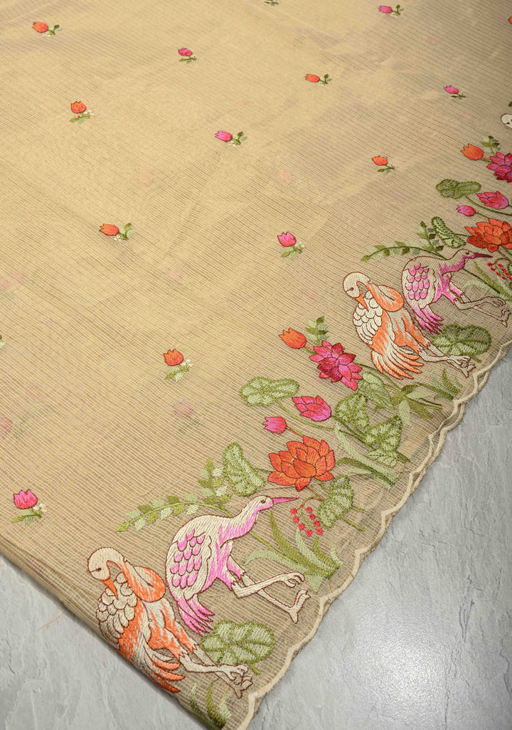Cream Meenakari Embroidery on Kota Doria Tissue Cotton Saree with Scallop Border