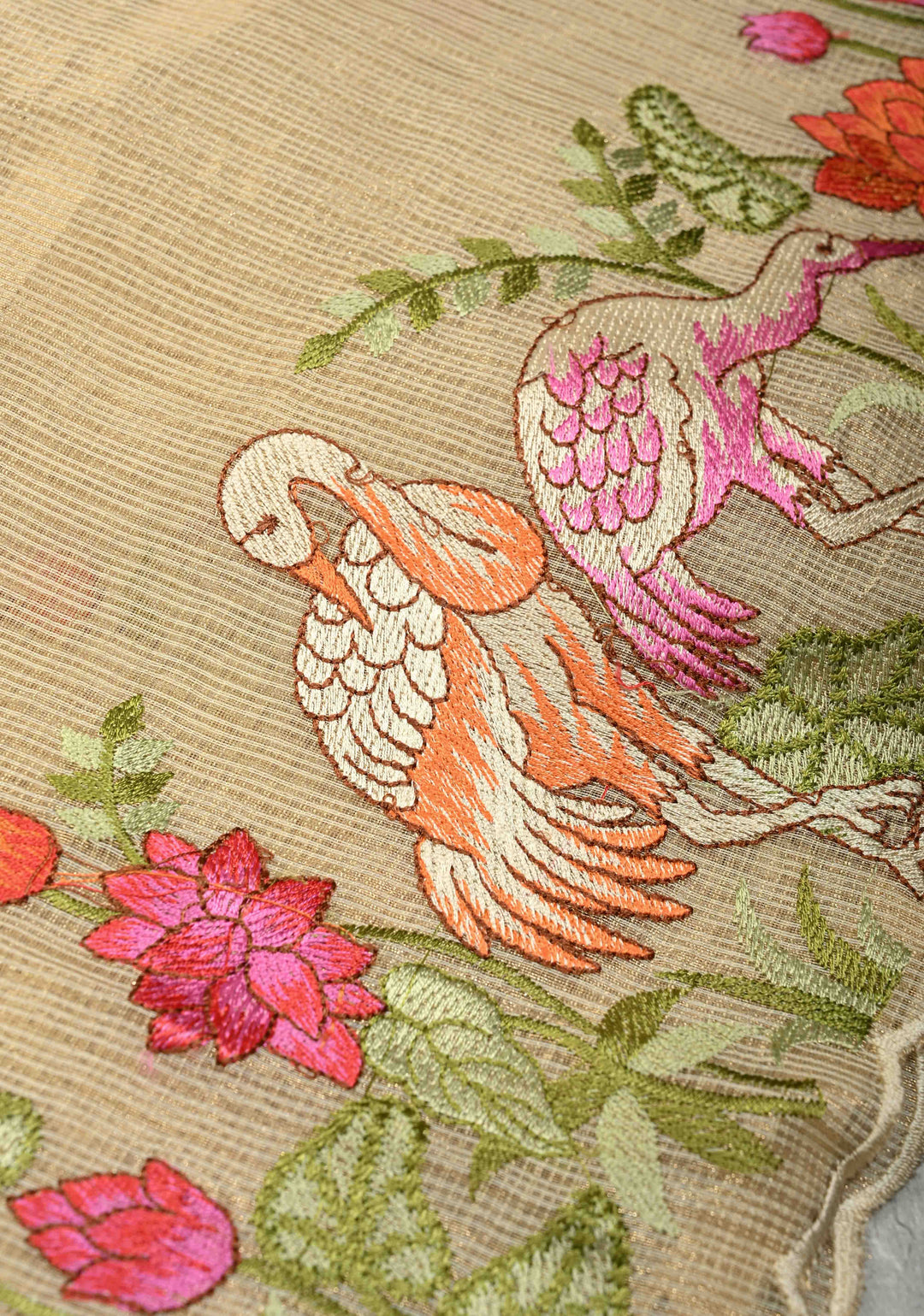 Cream Meenakari Embroidery on Kota Doria Tissue Cotton Saree with Scallop Border