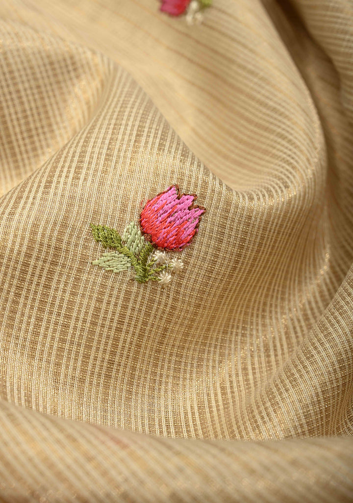 Cream Meenakari Embroidery on Kota Doria Tissue Cotton Saree with Scallop Border