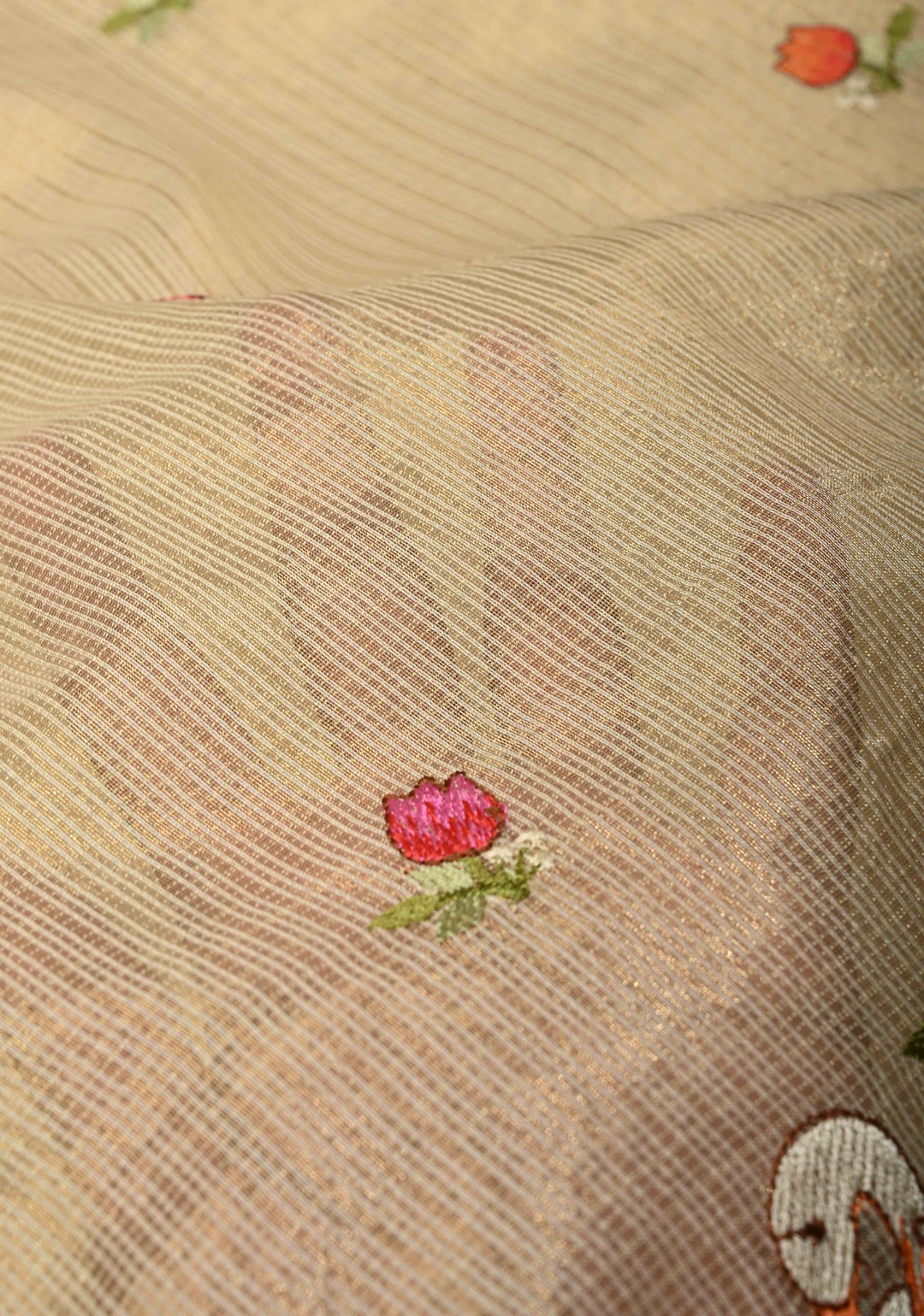 Cream Meenakari Embroidery on Kota Doria Tissue Cotton Saree with Scallop Border