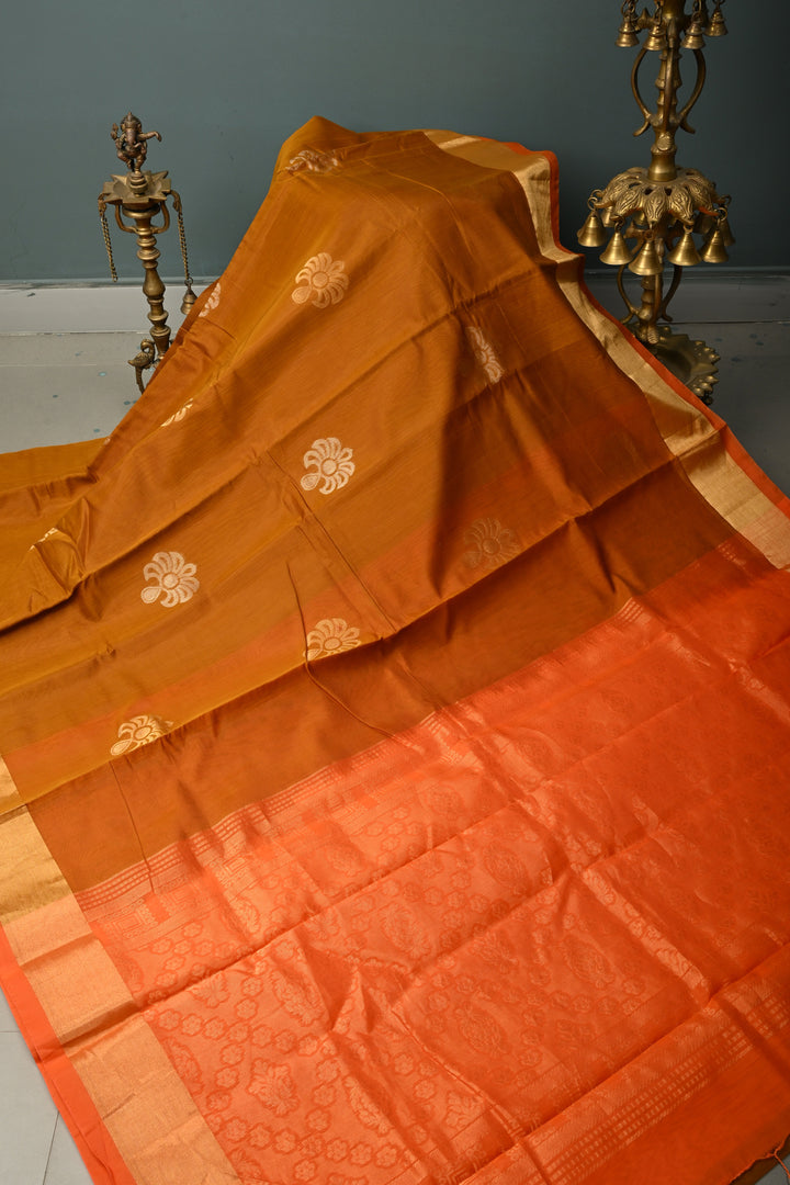 Brown Handwoven Maheswari Silk Cotton Saree with Floral Zari Buttas and Zari Border | SHOBITAM