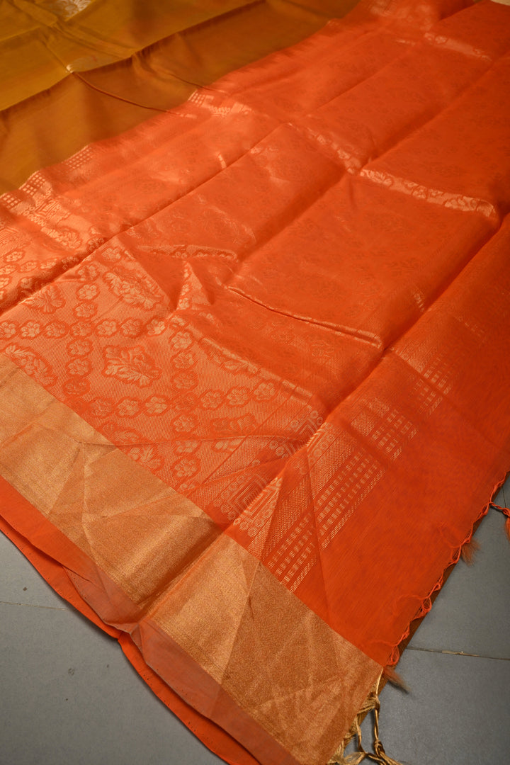 Brown Handwoven Maheswari Silk Cotton Saree with Floral Zari Buttas and Zari Border | SHOBITAM