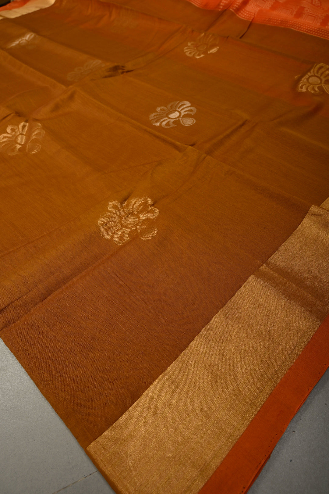 Brown Handwoven Maheswari Silk Cotton Saree with Floral Zari Buttas and Zari Border | SHOBITAM
