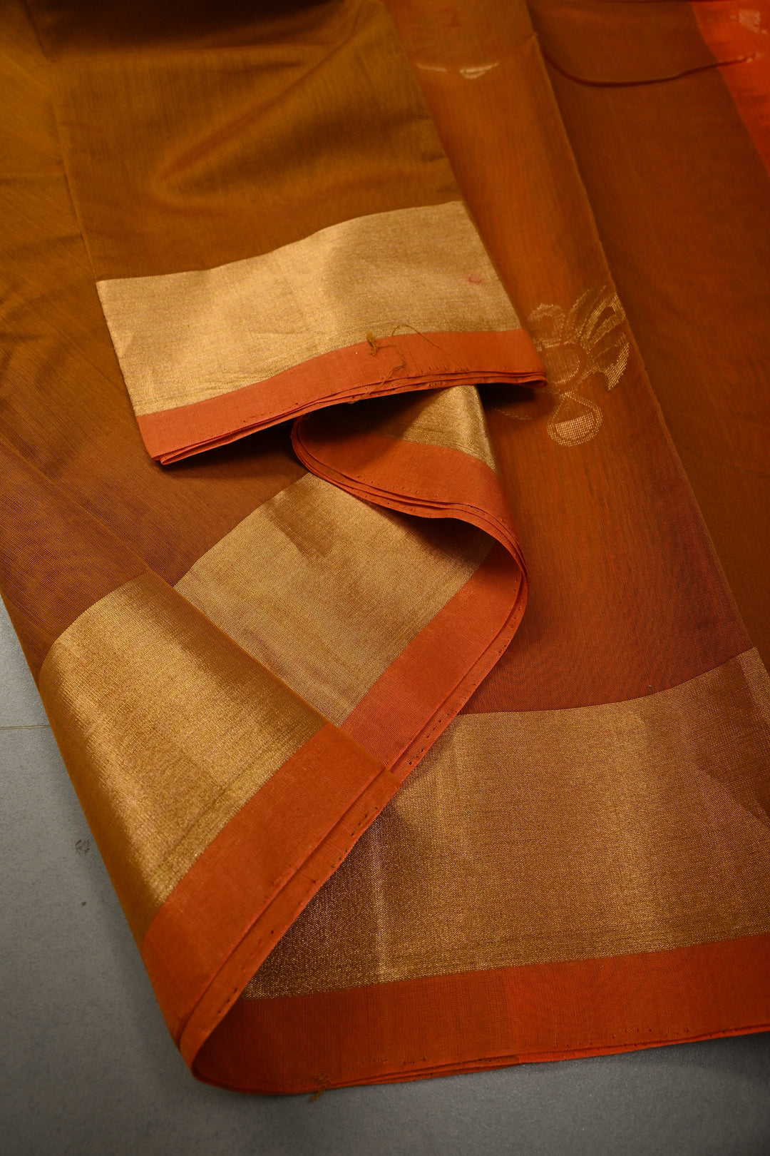 Brown Handwoven Maheswari Silk Cotton Saree with Floral Zari Buttas and Zari Border | SHOBITAM