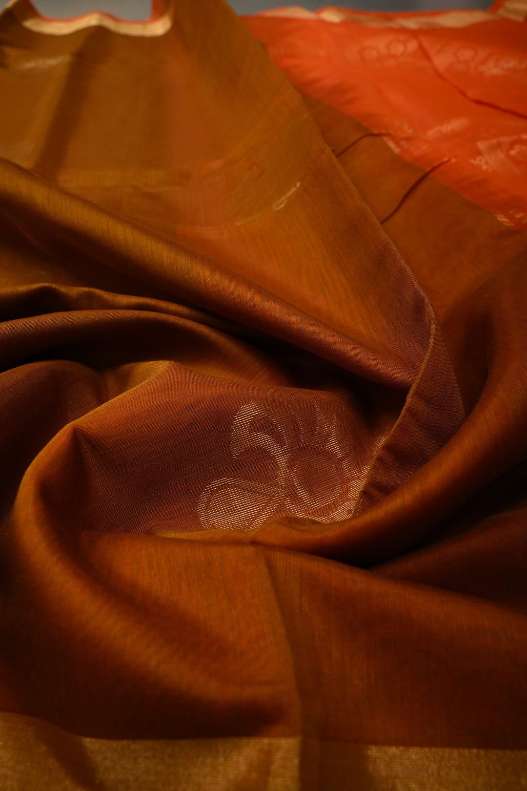 Brown Handwoven Maheswari Silk Cotton Saree with Floral Zari Buttas and Zari Border | SHOBITAM