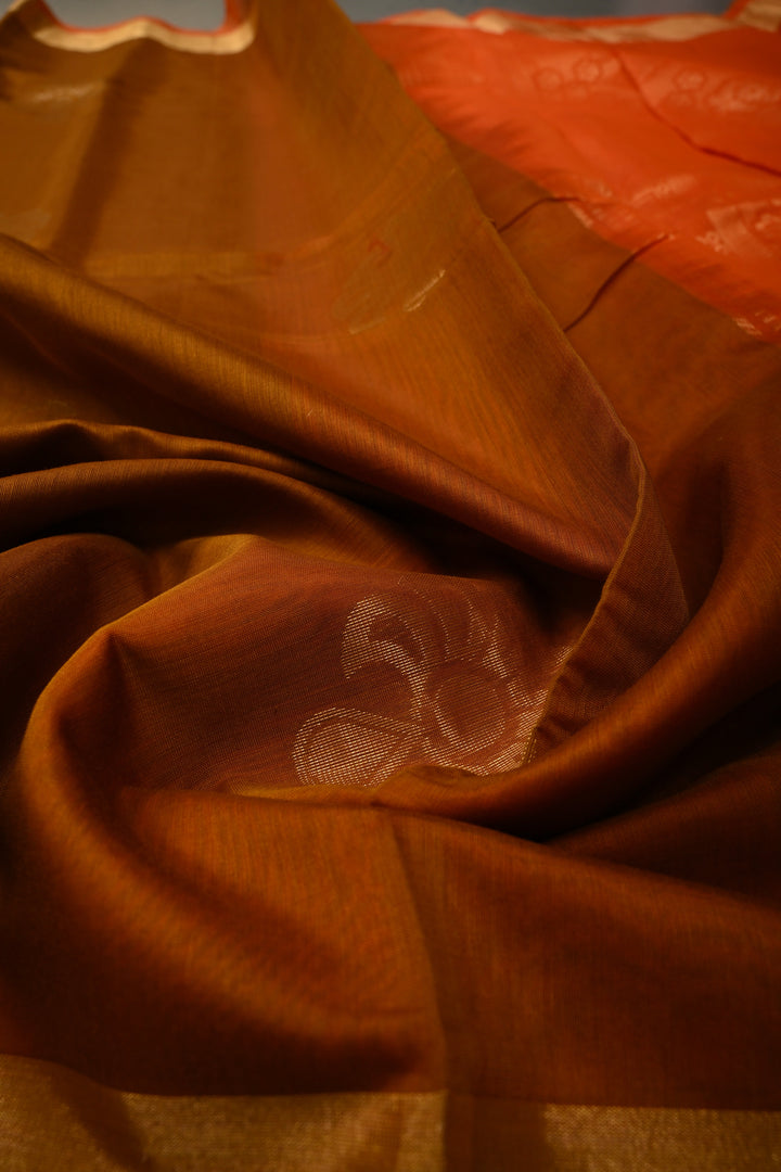 Brown Handwoven Maheswari Silk Cotton Saree with Floral Zari Buttas and Zari Border | SHOBITAM