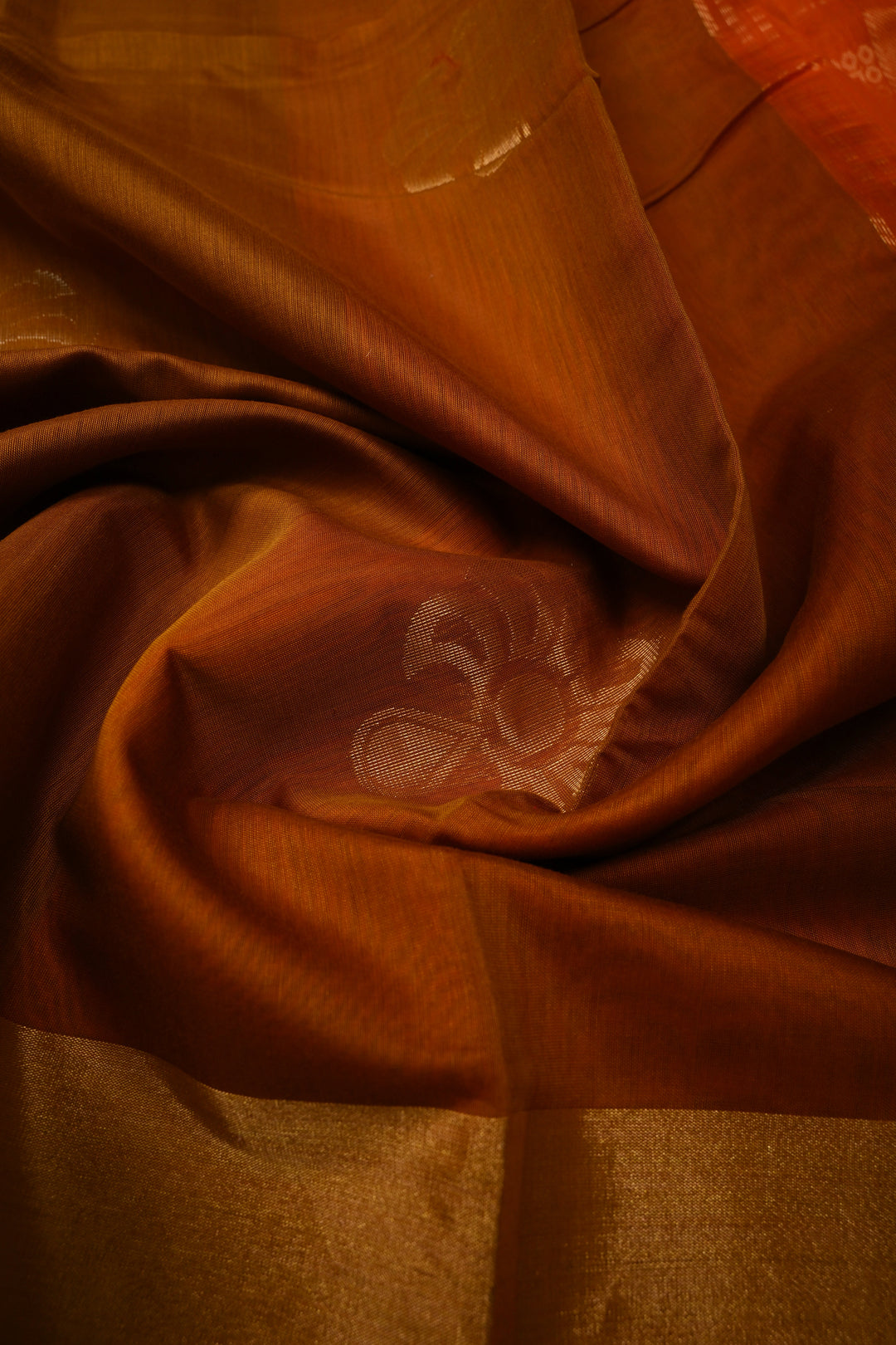 Brown Handwoven Maheswari Silk Cotton Saree with Floral Zari Buttas and Zari Border | SHOBITAM