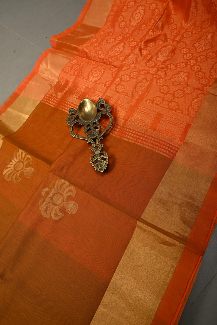 Brown Handwoven Maheswari Silk Cotton Saree with Floral Zari Buttas and Zari Border | SHOBITAM