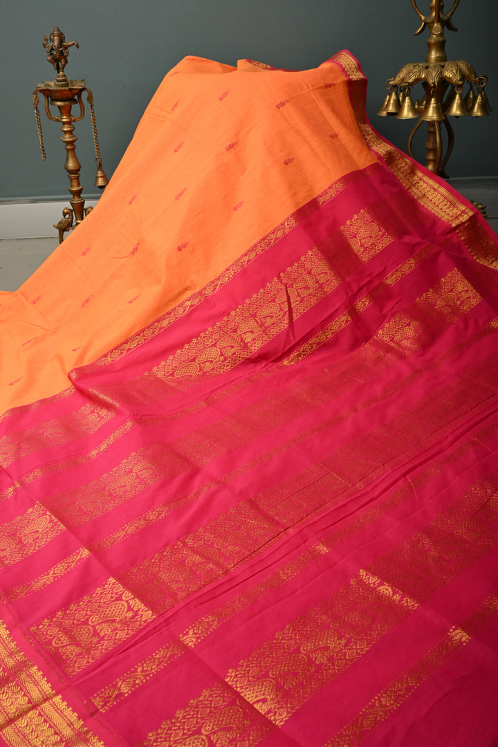Kesari Orange Cotton Silk Saree with Thread Buttas and Contrast Zari Border | SHOBITAM