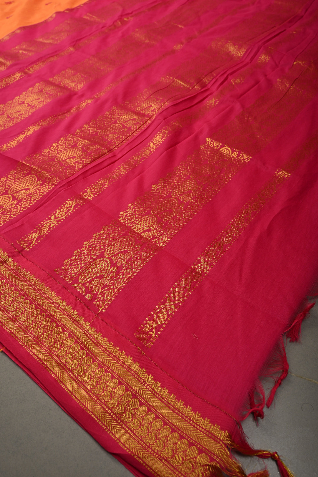 Kesari Orange Cotton Silk Saree with Thread Buttas and Contrast Zari Border | SHOBITAM