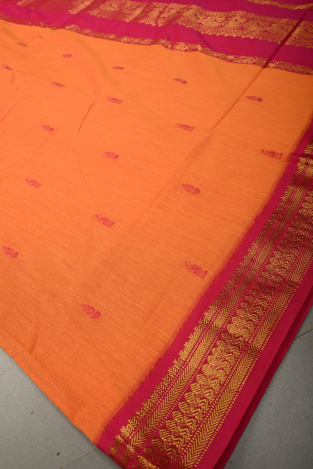 Kesari Orange Cotton Silk Saree with Thread Buttas and Contrast Zari Border | SHOBITAM