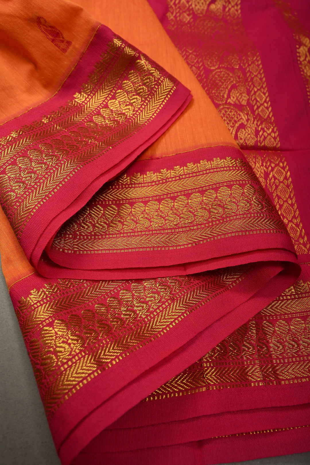 Kesari Orange Cotton Silk Saree with Thread Buttas and Contrast Zari Border | SHOBITAM