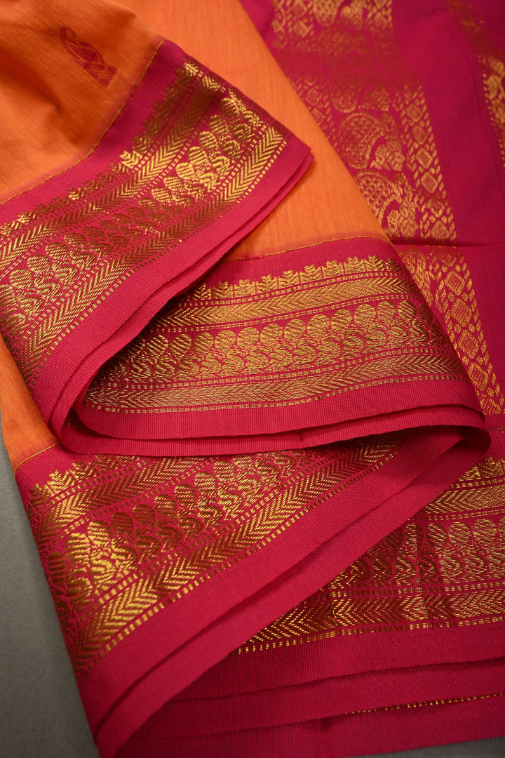 Kesari Orange Cotton Silk Saree with Thread Buttas and Contrast Zari Border | SHOBITAM