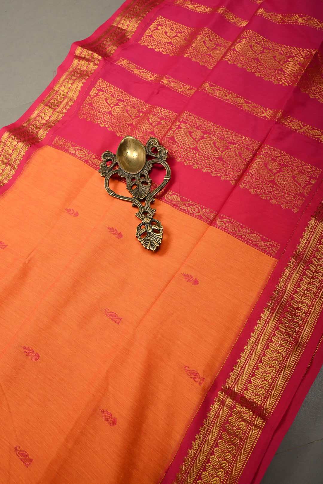 Kesari Orange Cotton Silk Saree with Thread Buttas and Contrast Zari Border | SHOBITAM