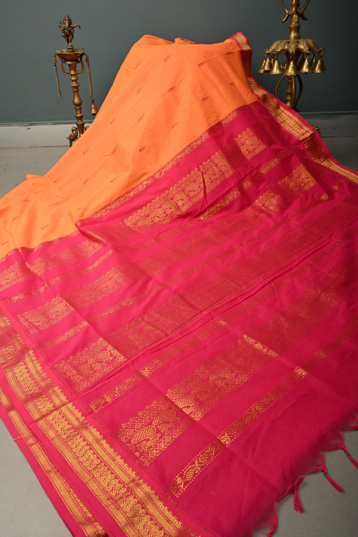 Kesari Orange Cotton Silk Saree with Thread Buttas and Contrast Zari Border | SHOBITAM