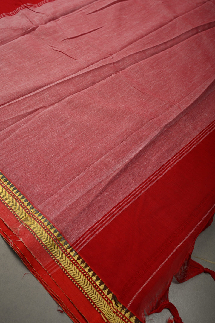 Blood Red Narayanpet Cotton Saree with Minimal Borders, No Blouse Piece | SHOBITAM