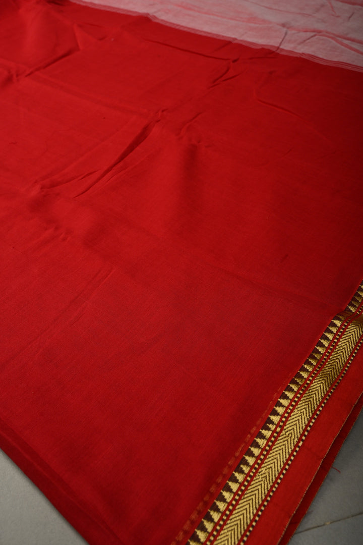 Blood Red Narayanpet Cotton Saree with Minimal Borders, No Blouse Piece | SHOBITAM