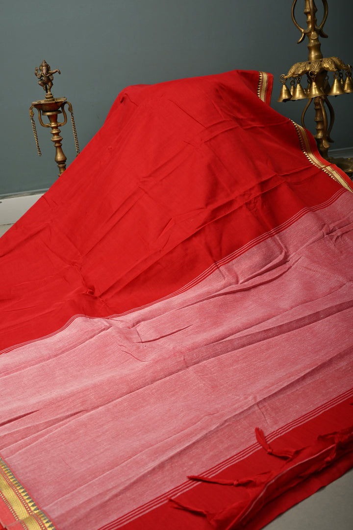 Blood Red Narayanpet Cotton Saree with Minimal Borders, No Blouse Piece | SHOBITAM