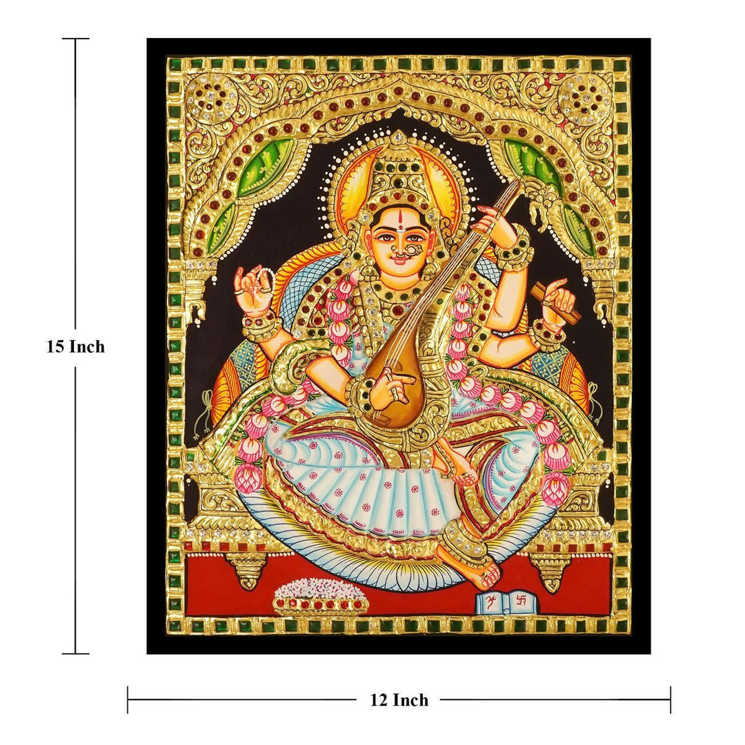 12*15" Authentic Tanjore painting of Goddess Saraswathi with 22 Ct Gold Foil, Unframed | SHOBITAM