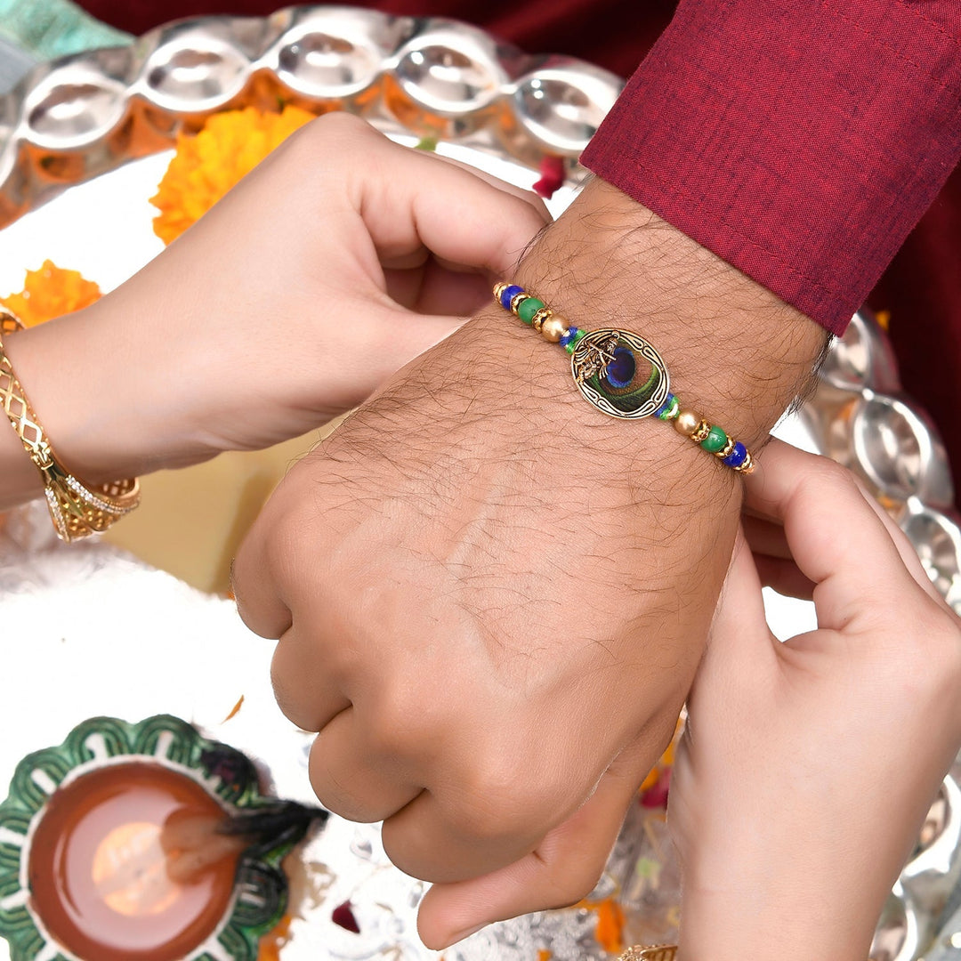 Peacock Feather Beaded Single Rakhi | SHOBITAM