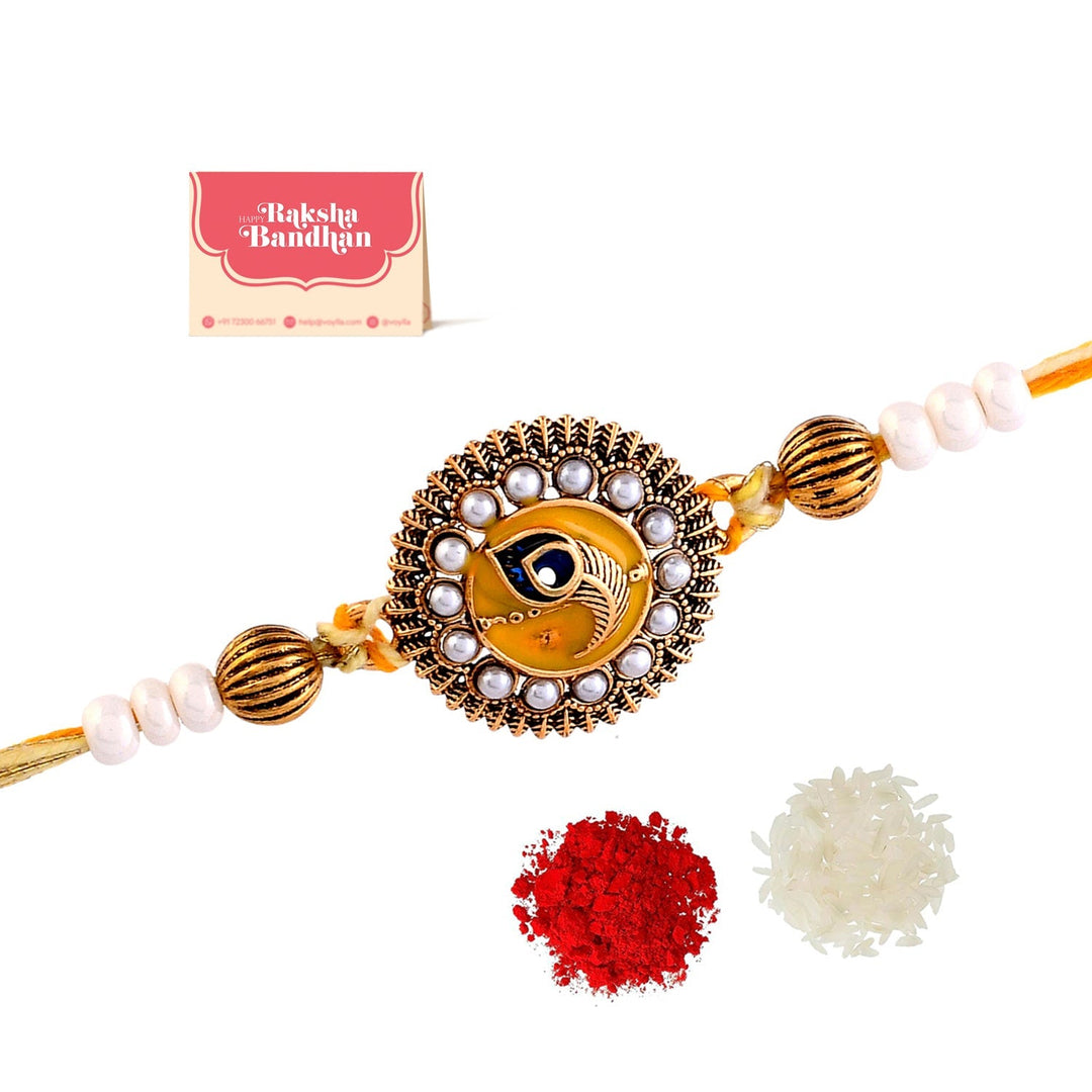 Studded Yellow Thread Mens Rakhi For Brother | SHOBITAM