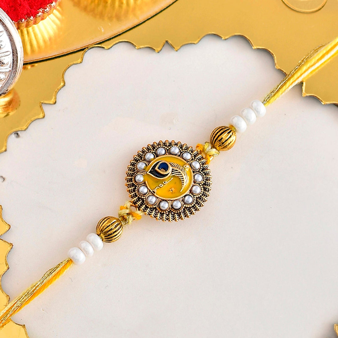 Studded Yellow Thread Mens Rakhi For Brother | SHOBITAM