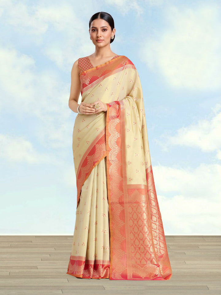 Cream Color Weaving Semi Banarasi Tissue Silk Saree | SHOBITAM