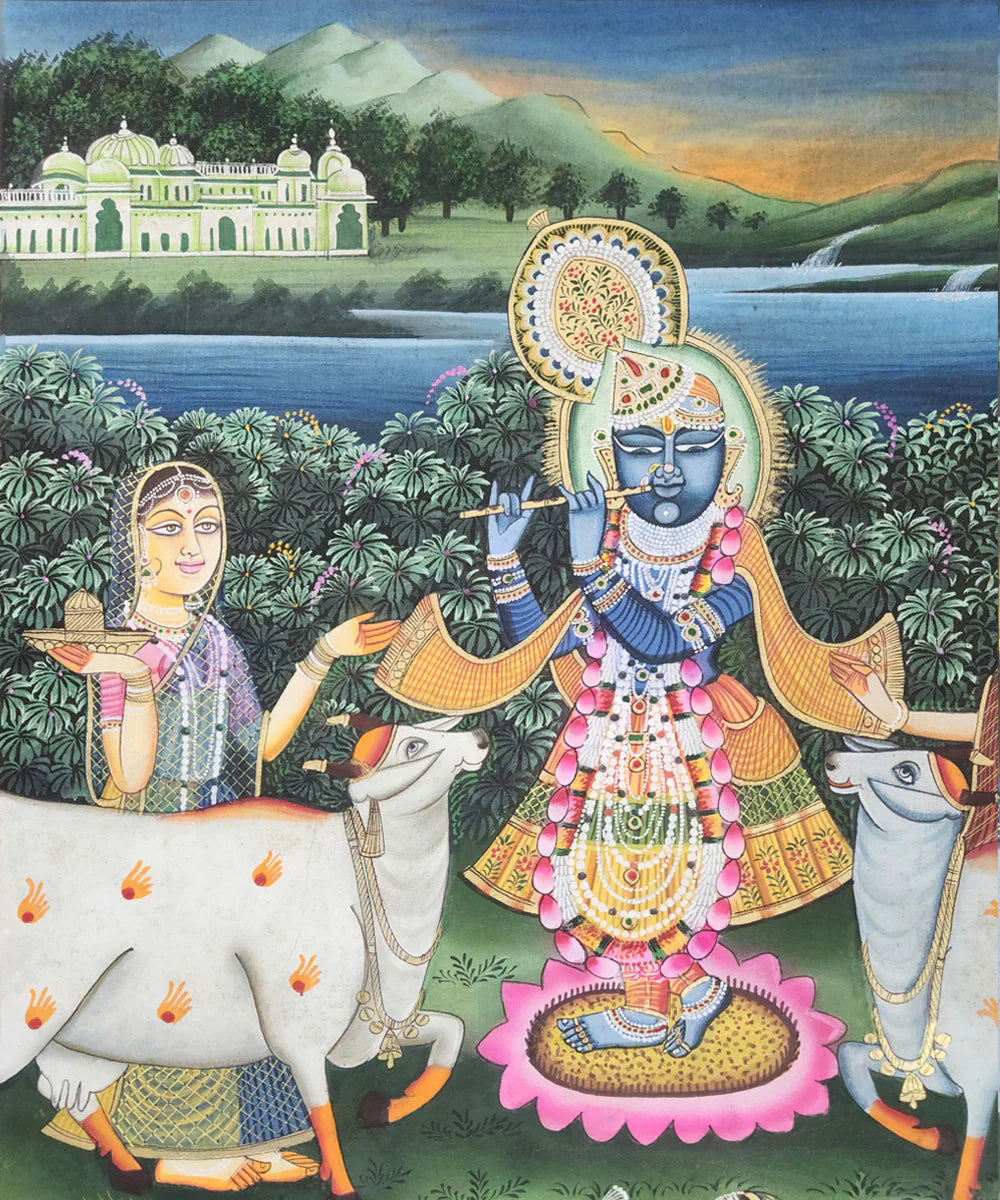 Lord Krishna with Gopis & Cows Pichwai Hand Painting On Cloth | 2x3 feet | Unframed | SHOBITAM