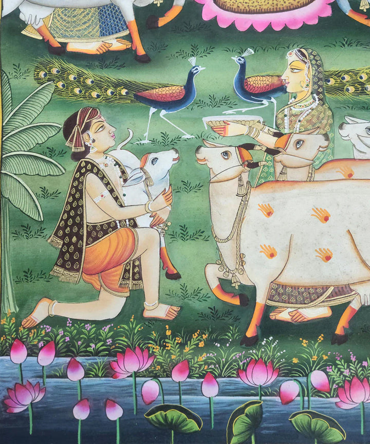 Lord Krishna with Gopis & Cows Pichwai Hand Painting On Cloth | 2x3 feet | Unframed | SHOBITAM