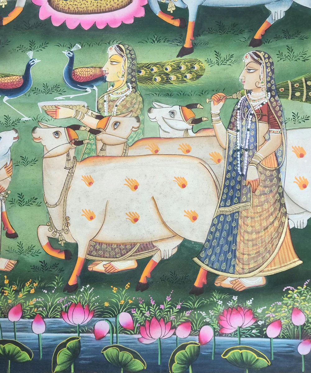 Lord Krishna with Gopis & Cows Pichwai Hand Painting On Cloth | 2x3 feet | Unframed | SHOBITAM
