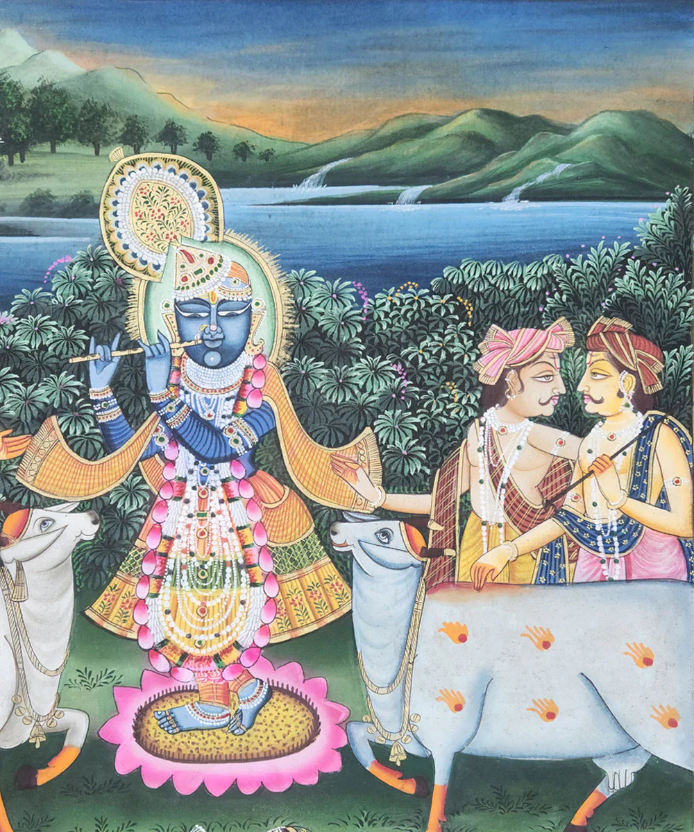 Lord Krishna with Gopis & Cows Pichwai Hand Painting On Cloth | 2x3 feet | Unframed | SHOBITAM