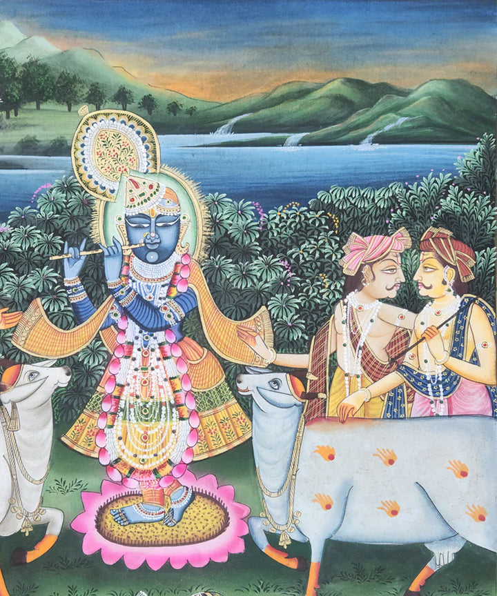 Lord Krishna with Gopis & Cows Pichwai Hand Painting On Cloth | 2x3 feet | Unframed | SHOBITAM