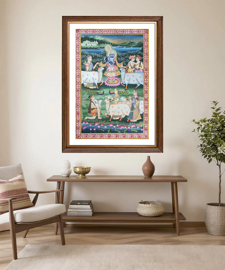 Lord Krishna with Gopis & Cows Pichwai Hand Painting On Cloth | 2x3 feet | Unframed | SHOBITAM