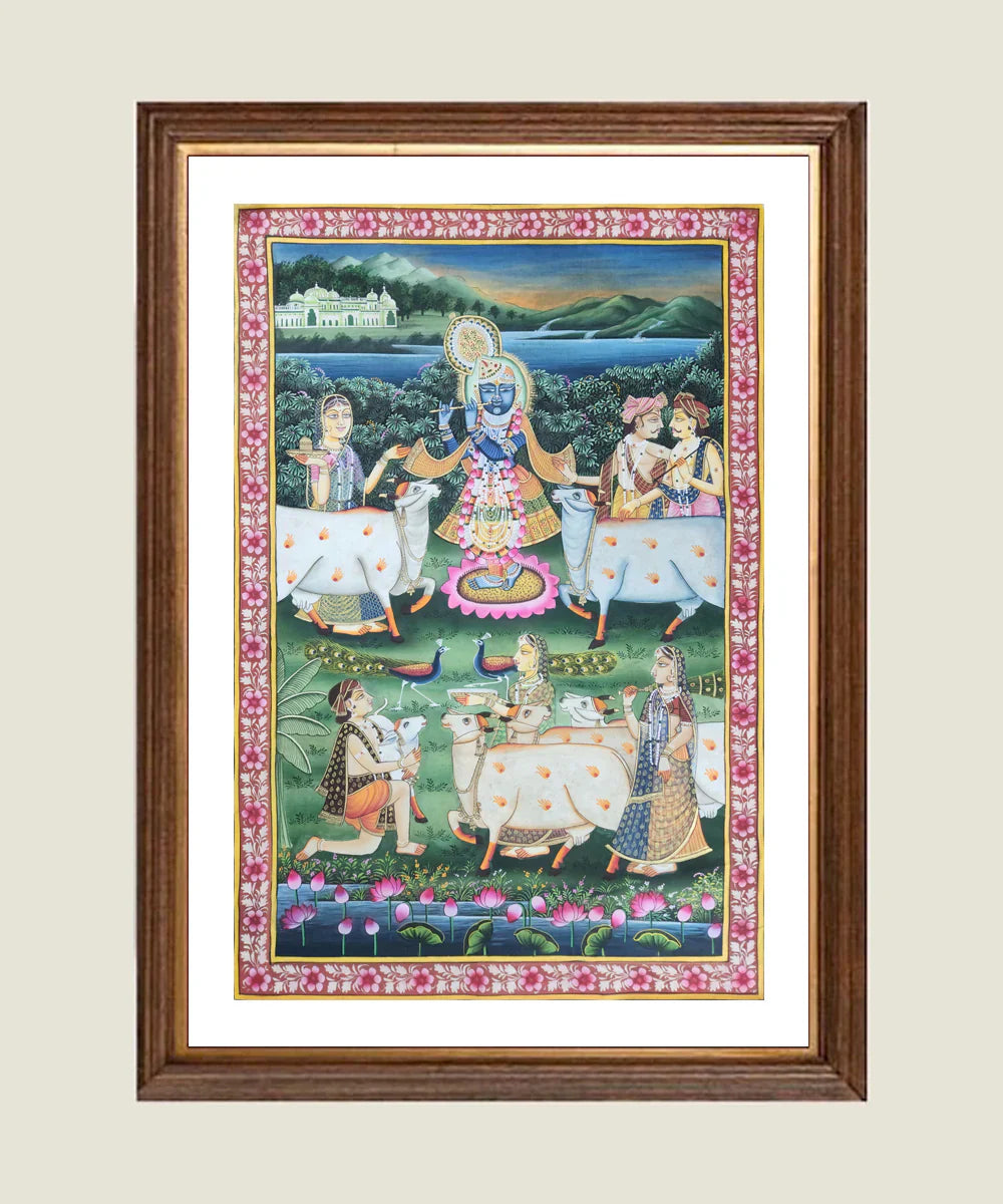 Lord Krishna with Gopis & Cows Pichwai Hand Painting On Cloth | 2x3 feet | Unframed | SHOBITAM