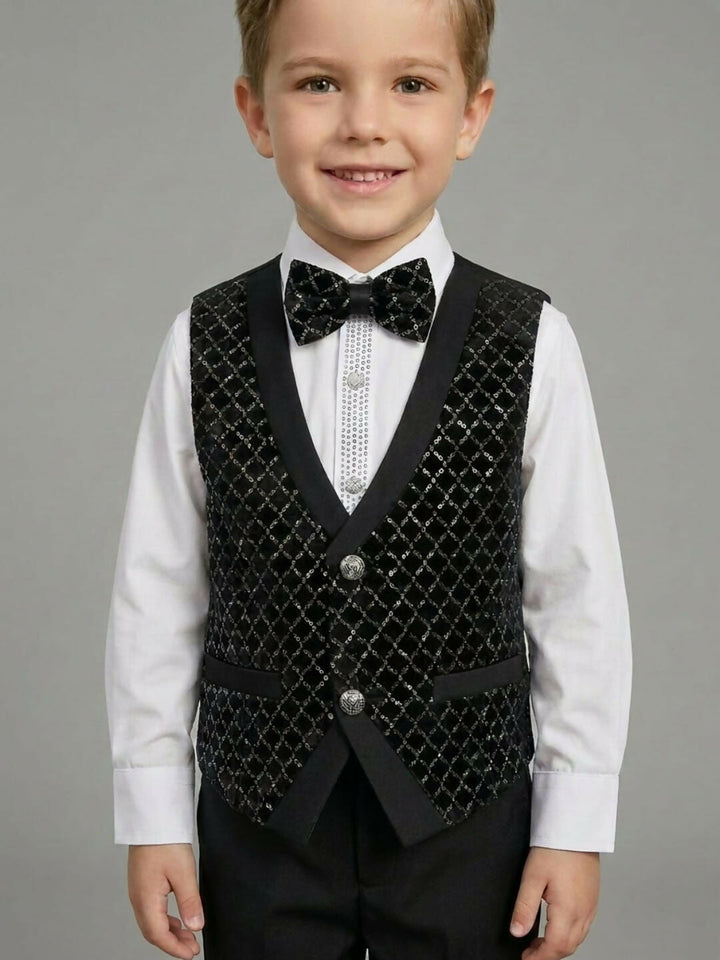 Boys Formal Black Waistcoat Suit Set with Shirt, Trousers and Bow Tie | SHOBITAM