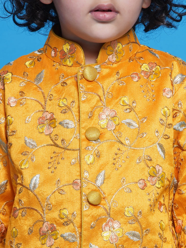 Pretty Floral Sherwani with Dhoti - Haldi Yellow | SHOBITAM