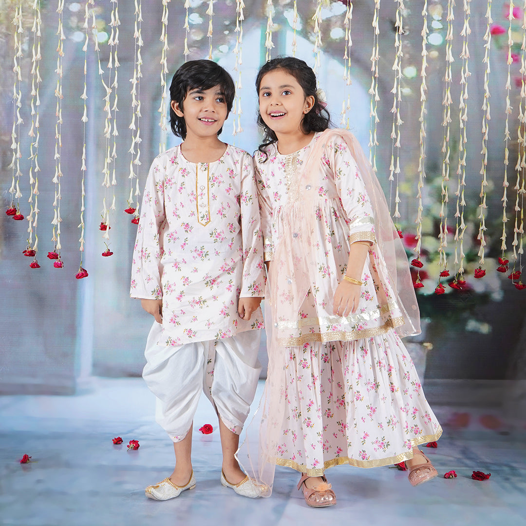 Boys Cotton Full Sleeves Kurta Dhoti with Garden Floral Print and Pearl Buttons - Beige Pink  | SHOBITAM