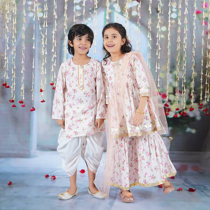Boys Cotton Full Sleeves Kurta Dhoti with Garden Floral Print and Pearl Buttons - Beige Pink  | SHOBITAM
