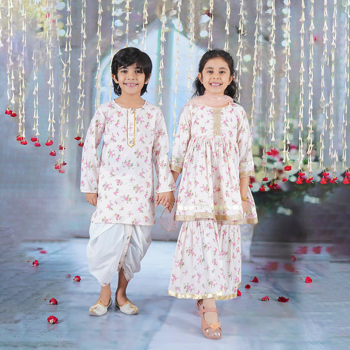 Boys Cotton Full Sleeves Kurta Dhoti with Garden Floral Print and Pearl Buttons - Beige Pink  | SHOBITAM