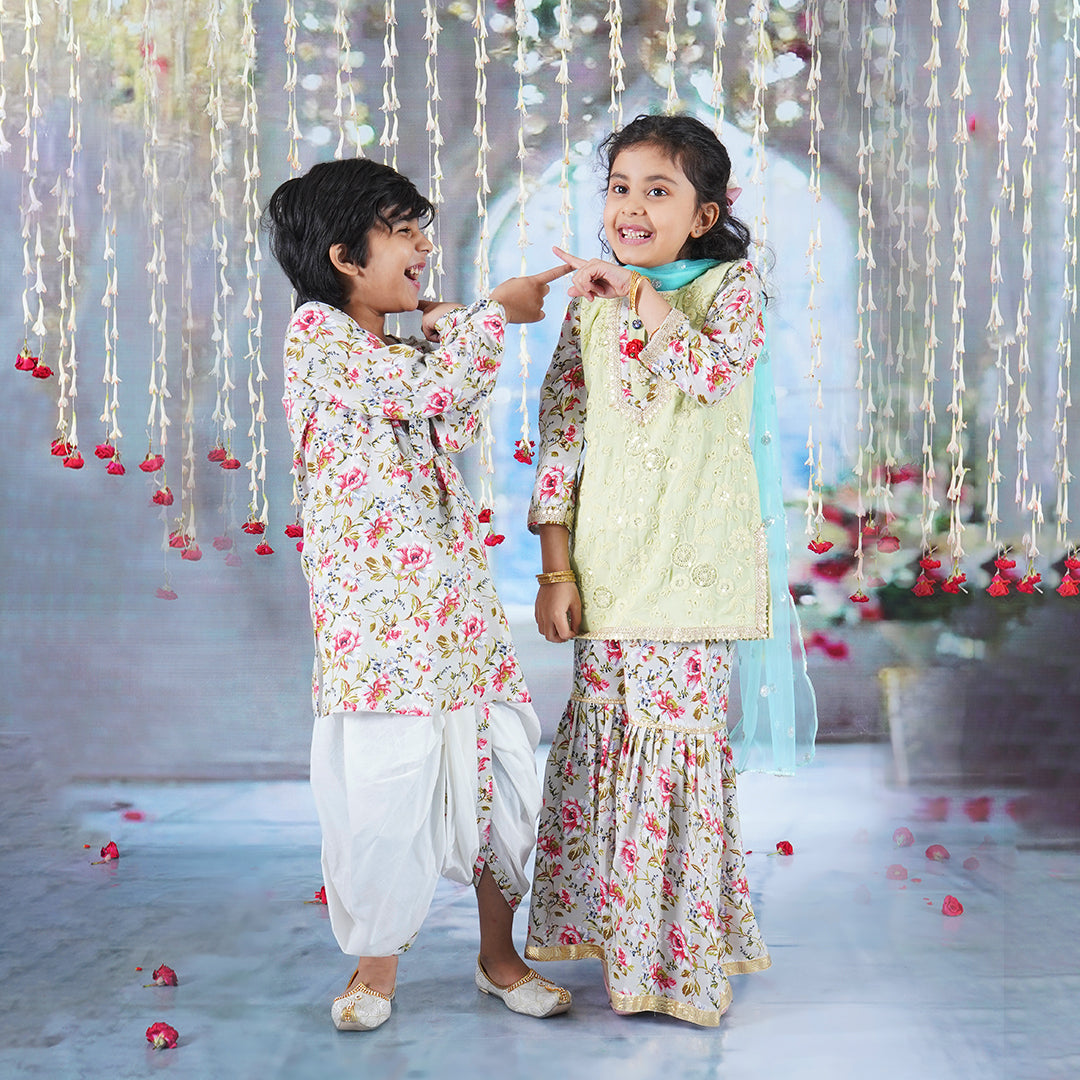Girls Cotton Full Sleeves Kurta Sharara and Dupatta with Garden Rose Print, Floral Embroidery, Lace & Floral Work - Antique Green | SHOBITAM