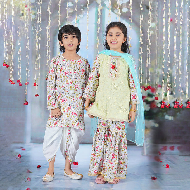 Girls Cotton Full Sleeves Kurta Sharara and Dupatta with Garden Rose Print, Floral Embroidery, Lace & Floral Work - Antique Green | SHOBITAM