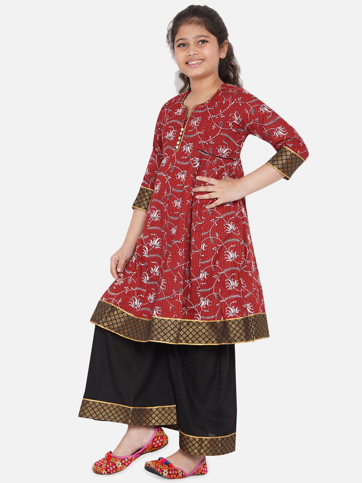 Girls Kantha work Lotus Print Long Maroon Kurta with Black Sharara and Dupatta | SHOBITAM