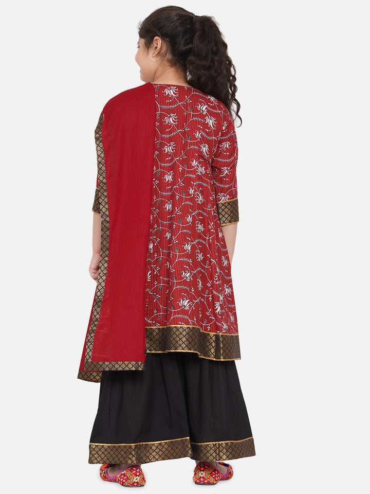 Girls Kantha work Lotus Print Long Maroon Kurta with Black Sharara and Dupatta | SHOBITAM
