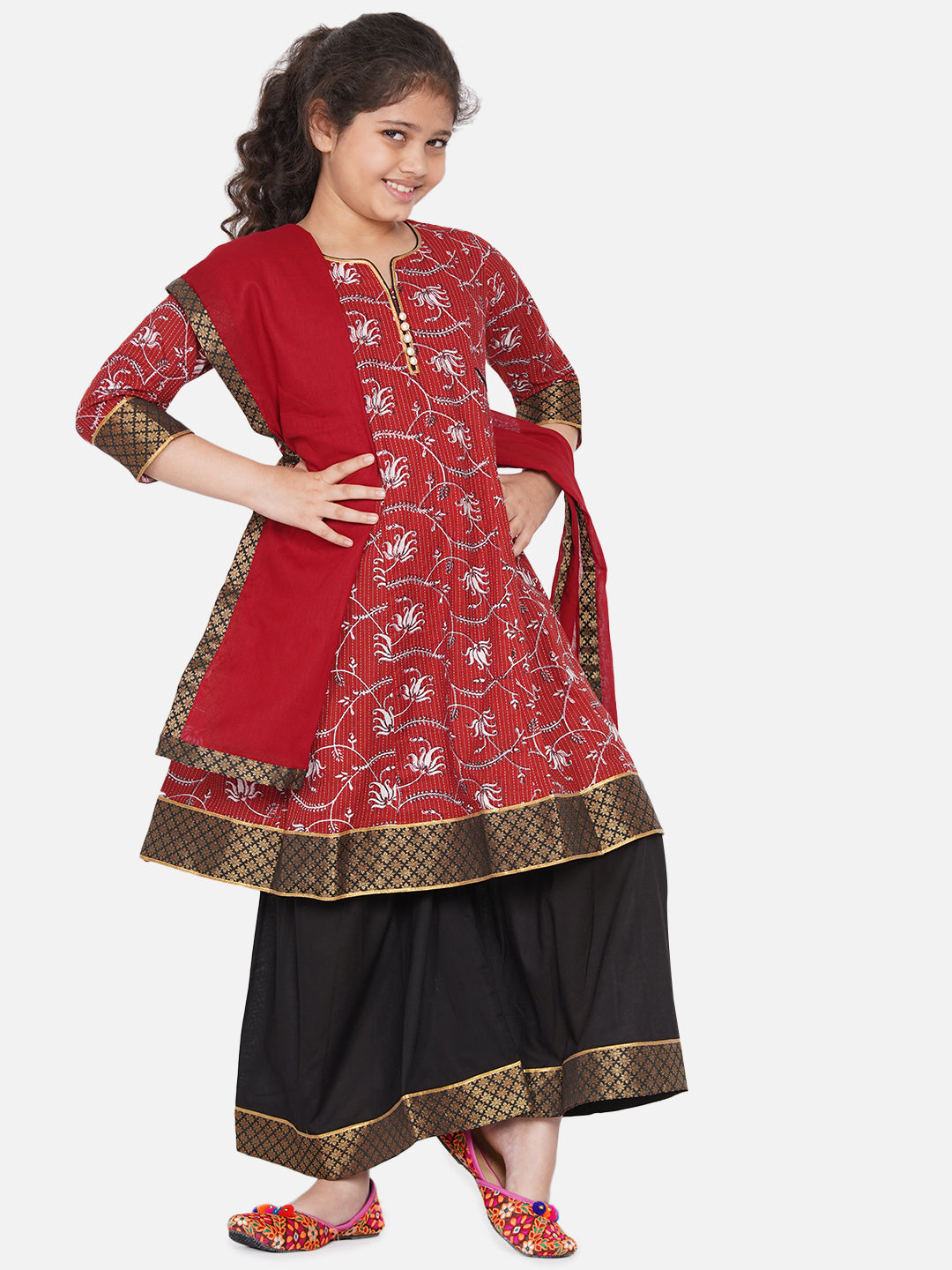 Girls Kantha work Lotus Print Long Maroon Kurta with Black Sharara and Dupatta | SHOBITAM
