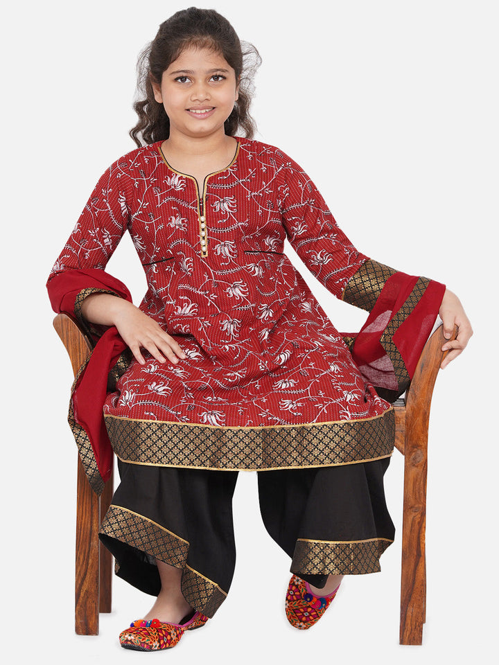 Girls Kantha work Lotus Print Long Maroon Kurta with Black Sharara and Dupatta | SHOBITAM