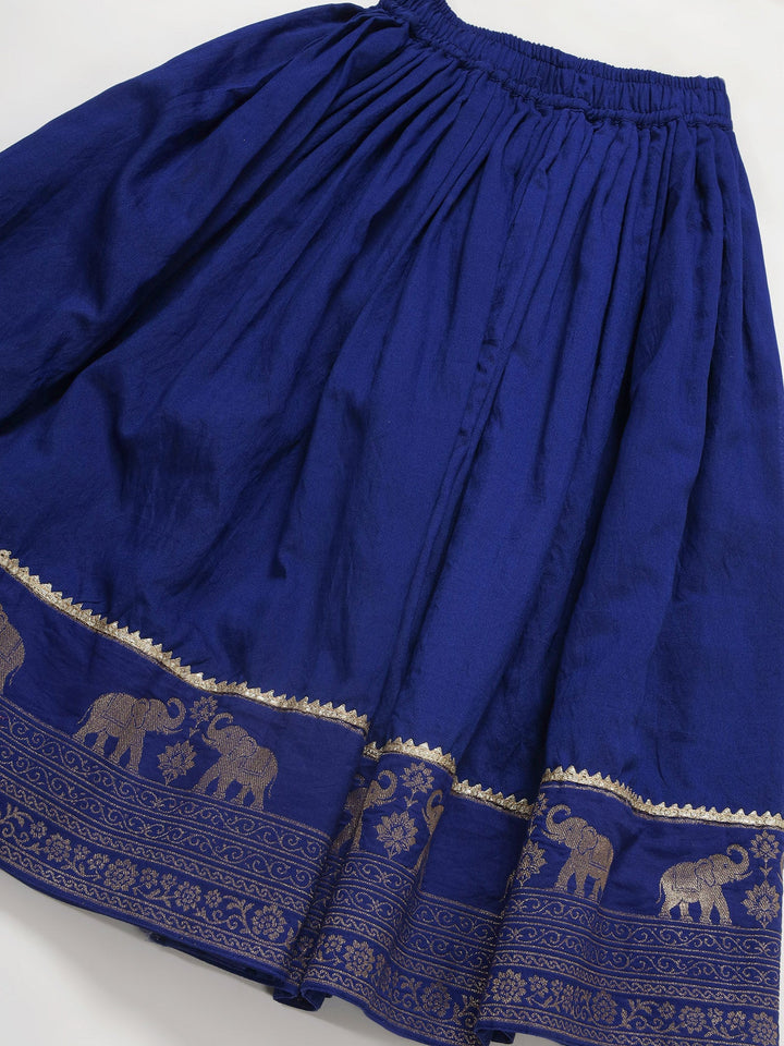 Blue Elephant Zari Embroidery Chanderi Cotton Lehenga with Stitched Red Blouse Set | SHOBITAM