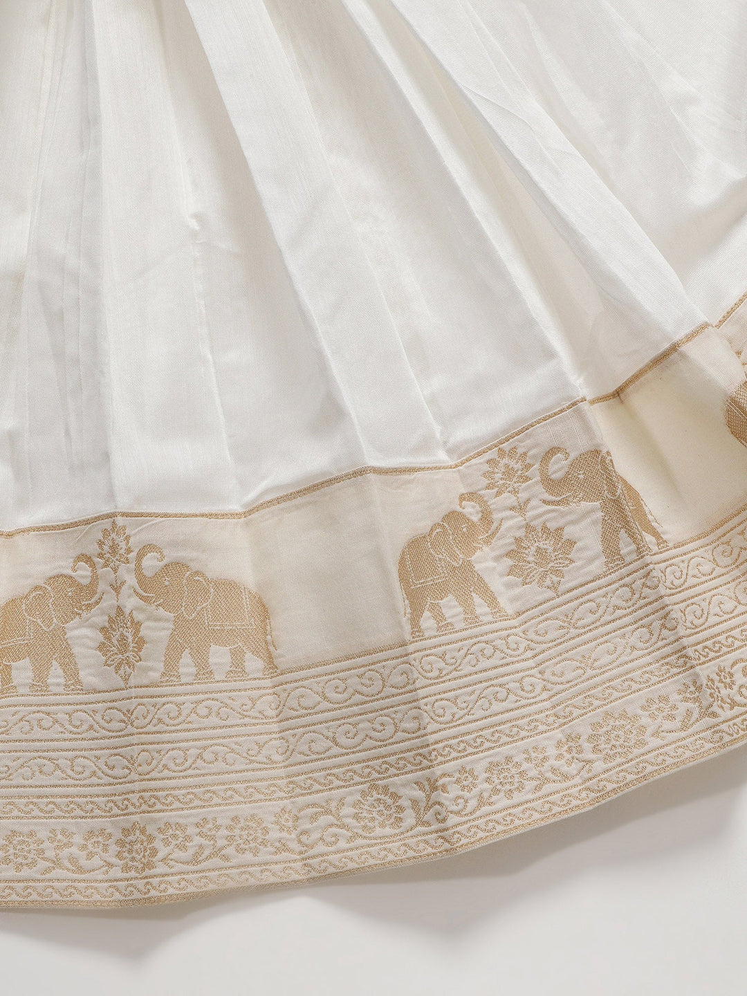 Cream Elephant Zari Embroidery Ready to Wear Saree with Stitched Blouse set | SHOBITAM